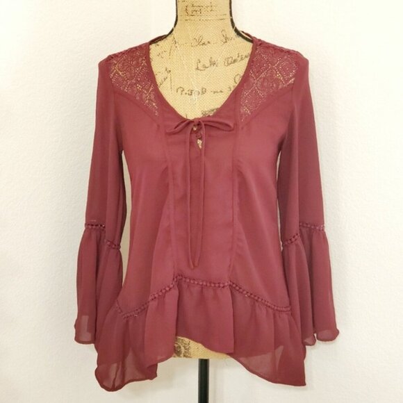 Alter'd State Embroidered Maroon Bell Sleeves Top - Picture 1 of 14